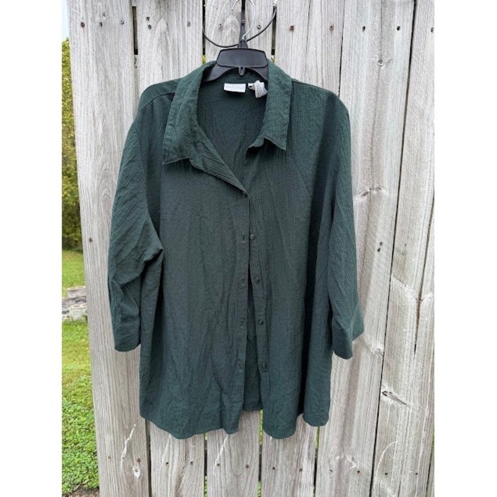 Earthy Gorpcore White Stag Button Up Shirt 3X Green Textured 3/4 Sleeve Blouse
